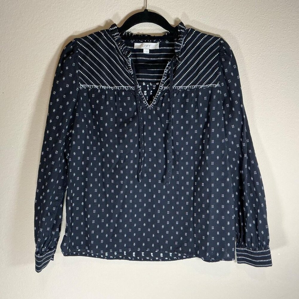 Loft Women's Long Sleeve Blouse, Black and White, Size S